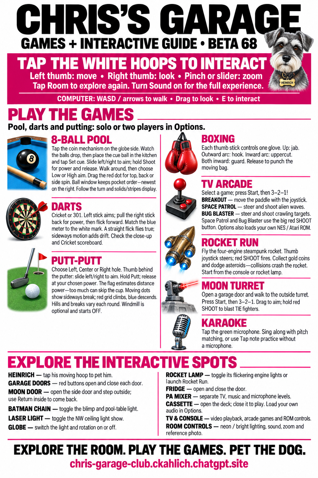Illustrated guide to the games and interactive objects inside C-Drive's Garage